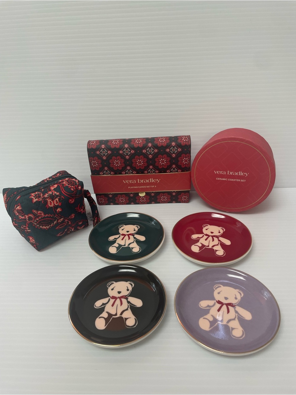 Vera Bradley Bundle - Mini Cosmetic Case, Playing Cards with Case & Coasters
